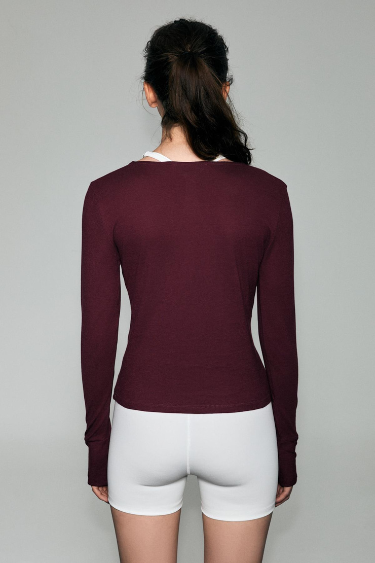 POLUNEA Kadın V Yakalı Önü Fermuar Kapamalı Vücuda Oturan Slim Fit Bordo Bluz