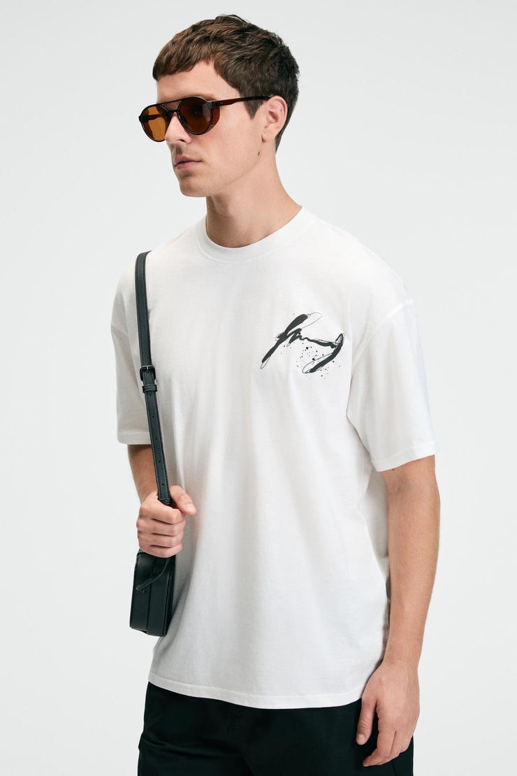 POP Erkek %100 Pamuk Oversize Fit Baskılı Kısa Kollu Yuvarlak Yakalı Ekru T-Shirt