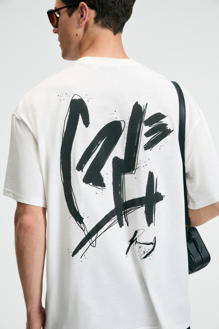 POP Erkek %100 Pamuk Oversize Fit Baskılı Kısa Kollu Yuvarlak Yakalı Ekru T-Shirt