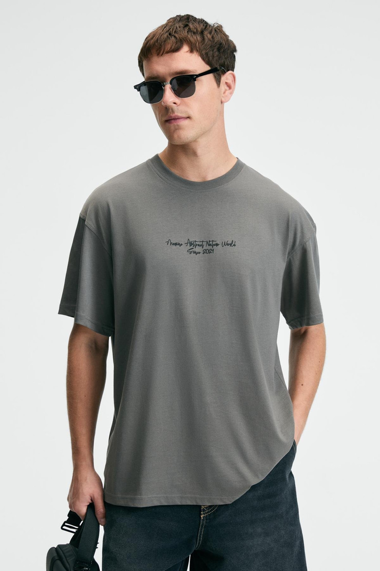 POP Erkek %100 Pamuk Oversize Fit Baskılı Kısa Kollu Yuvarlak Yakalı Gri T-Shirt