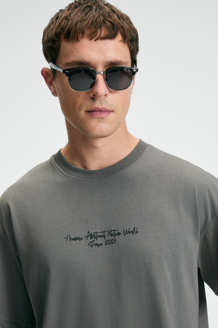 POP Erkek %100 Pamuk Oversize Fit Baskılı Kısa Kollu Yuvarlak Yakalı Gri T-Shirt