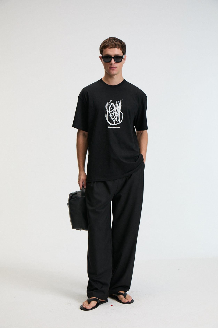 POP Erkek %100 Pamuk Oversize Fit Baskılı Kısa Kollu Yuvarlak Yakalı Siyah T-Shirt