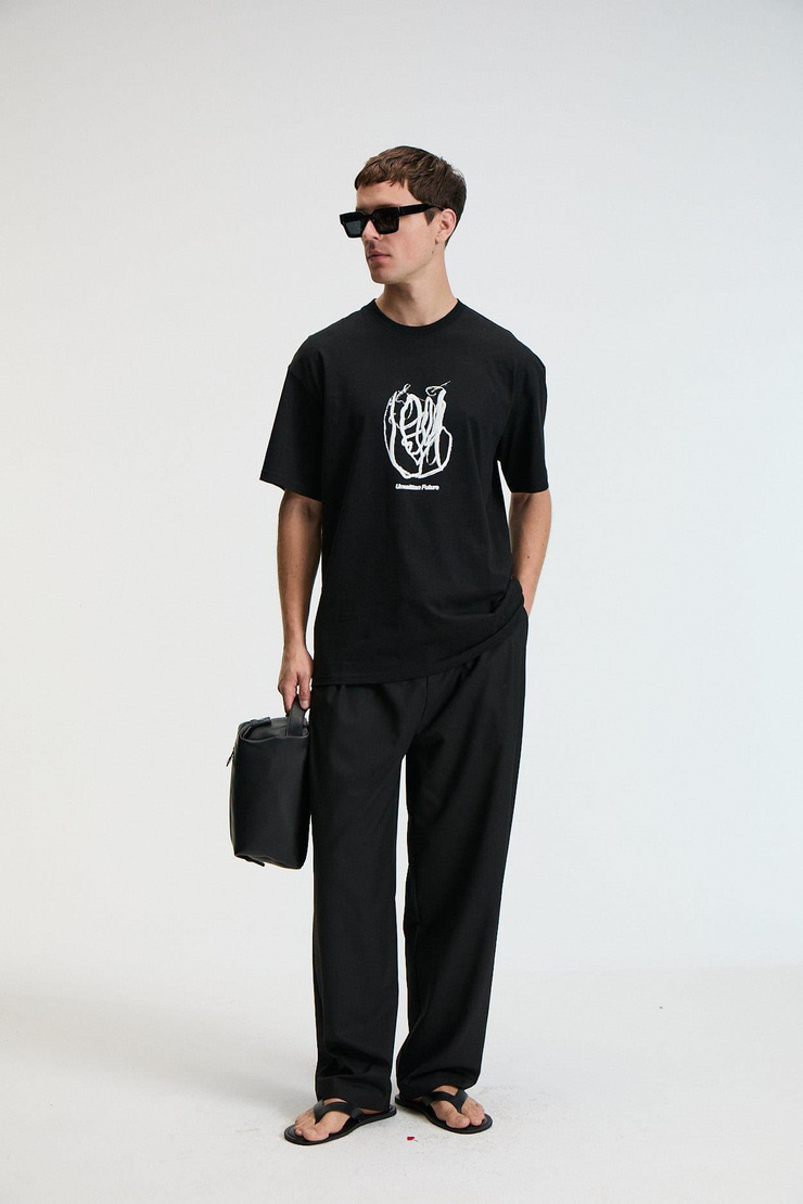 POP Erkek %100 Pamuk Oversize Fit Baskılı Kısa Kollu Yuvarlak Yakalı Siyah T-Shirt