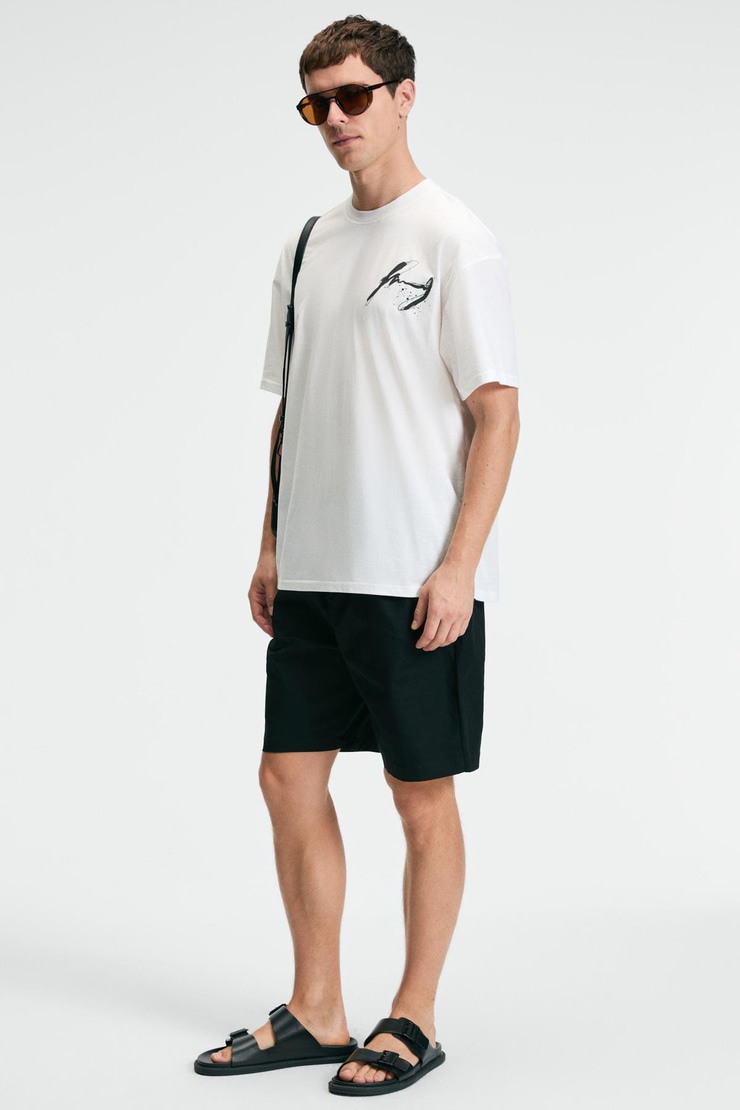 POP Erkek %100 Pamuk Oversize Fit Baskılı Kısa Kollu Yuvarlak Yakalı Ekru T-Shirt