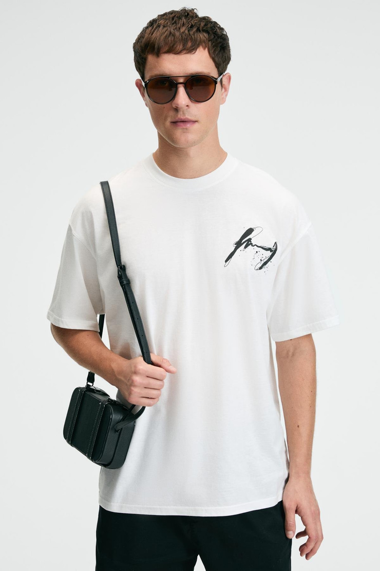 POP Erkek %100 Pamuk Oversize Fit Baskılı Kısa Kollu Yuvarlak Yakalı Ekru T-Shirt