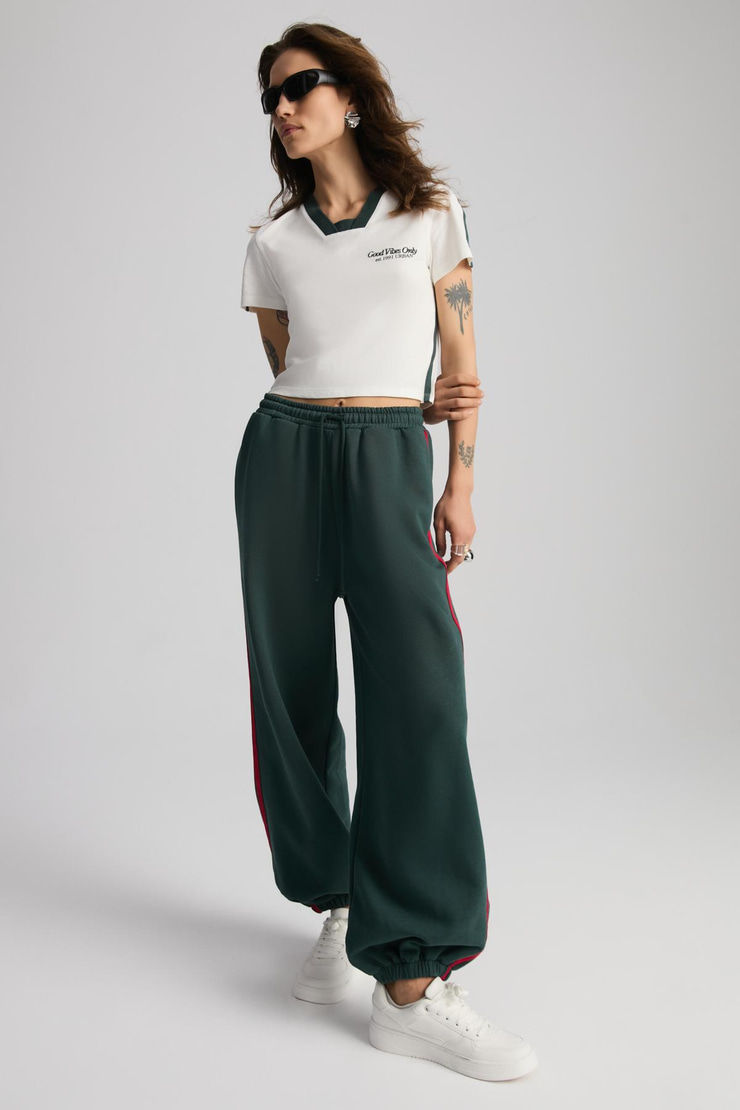 POSSIBLE Kadın Şeritli Cepli Yeşil Pantolon