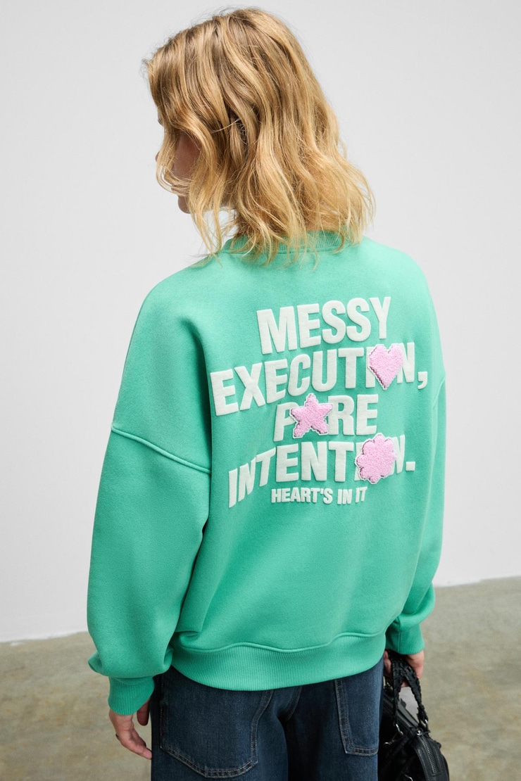 PRIENCE Kadın Yumuşak Kumaşlı Baskılı Ve Havlu Patchlı Yuvarlak Yaka Yeşil Sweatshirt