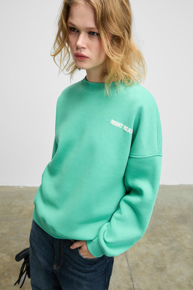 PRIENCE Kadın Yumuşak Kumaşlı Baskılı Ve Havlu Patchlı Yuvarlak Yaka Yeşil Sweatshirt