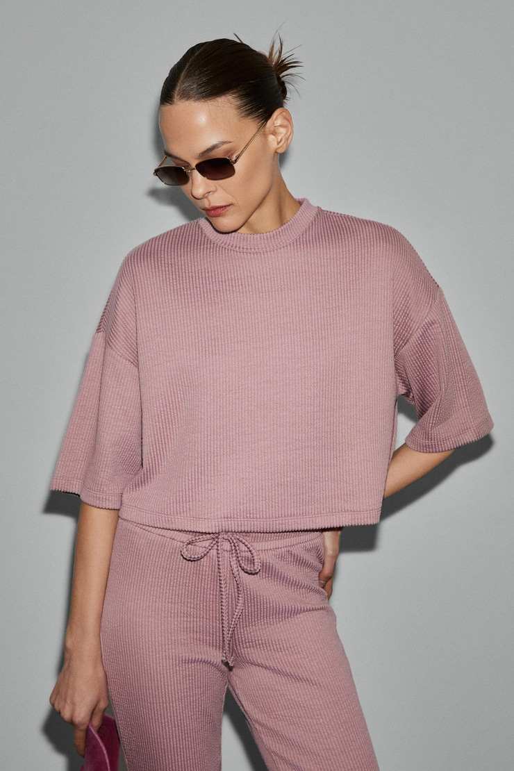 PRIME Kadın Organik Pamuklu Bisiklet Yaka Kısa Kollu Oversize Crop Pembe T-Shirt