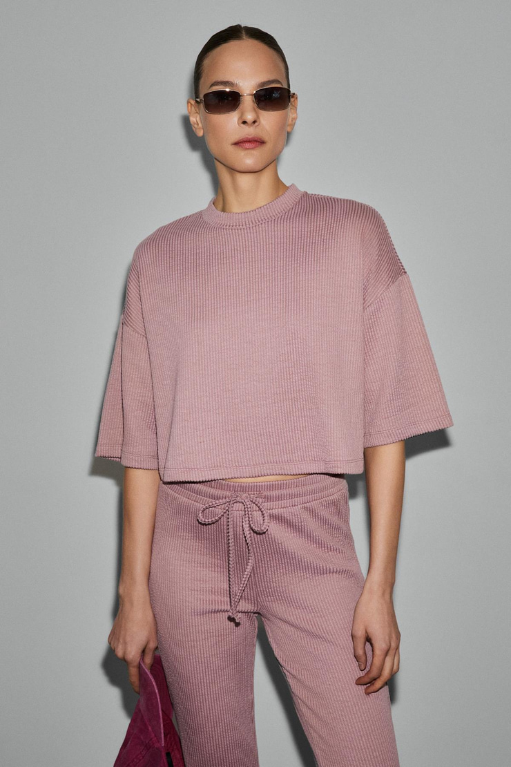 PRIME Kadın Organik Pamuklu Bisiklet Yaka Kısa Kollu Oversize Crop Pembe T-Shirt