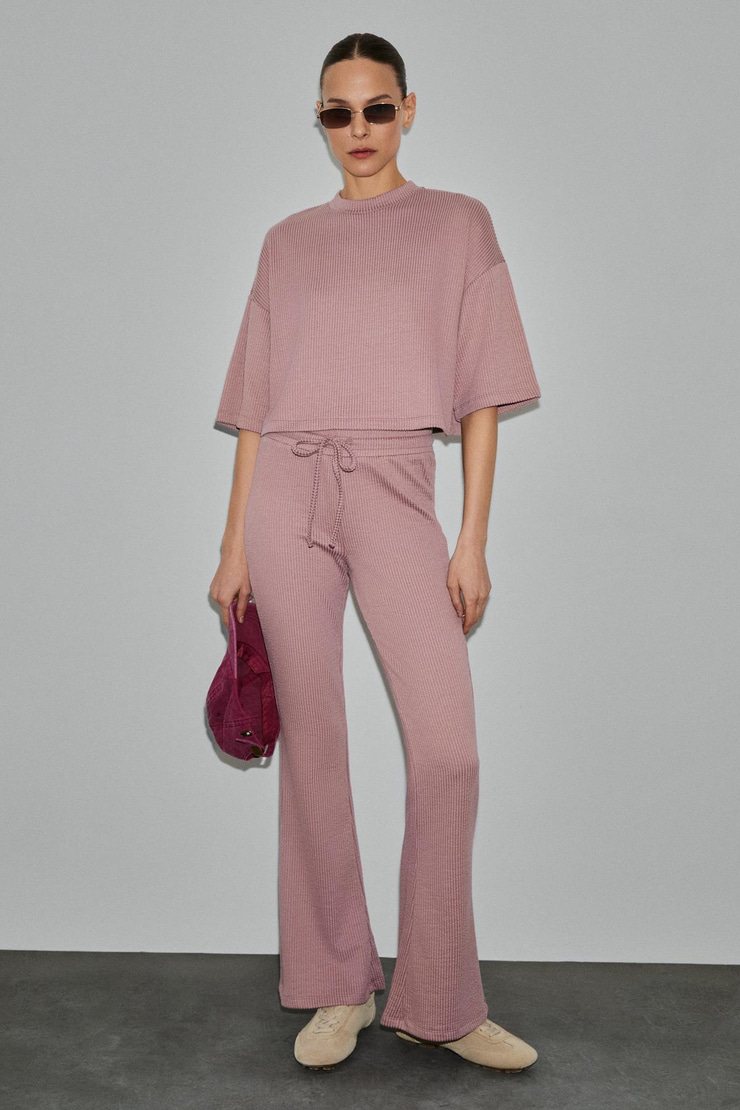 PRIME Kadın Organik Pamuklu Bisiklet Yaka Kısa Kollu Oversize Crop Pembe T-Shirt