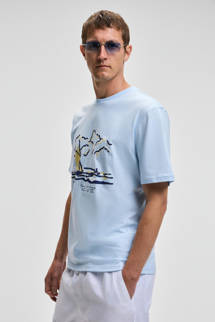 PROVENCE Erkek Bisiklet Yaka %100 Organik Pamuklu Regular Fit Mavi T-Shirt