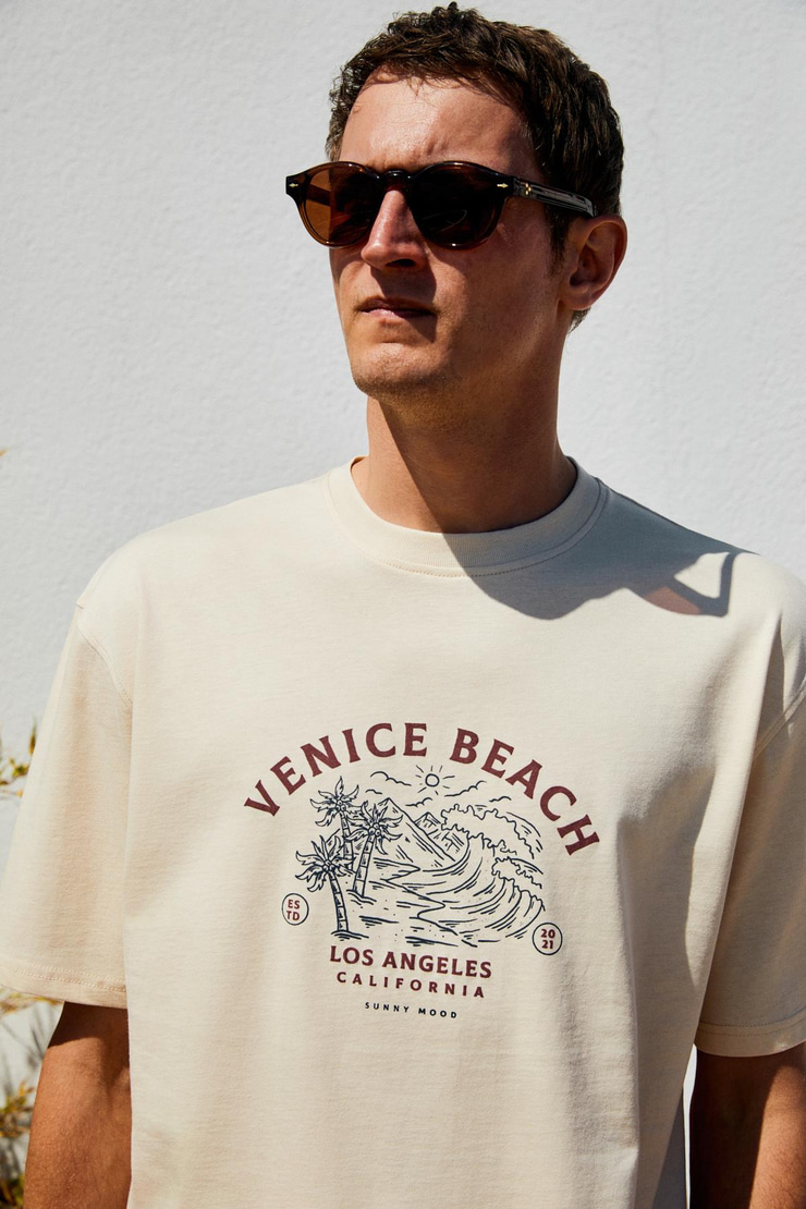 PROVENCE Erkek Bisiklet Yaka %100 Organik Pamuklu Regular Fit Açık Bej T-Shirt