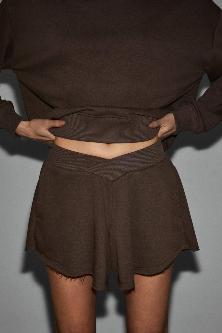 PUNNUET Kadın Organik Pamuklu Kayık Yaka Beli Lastikli Çift Cepli Relaxed Acı Kahve Alt-Üst Takım