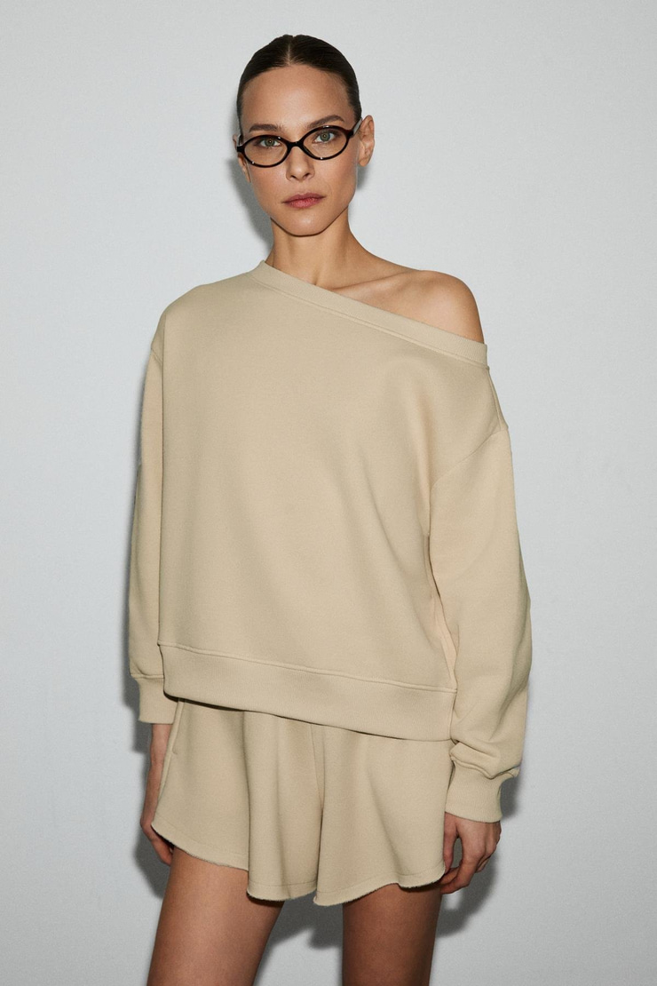 PUNNUET Kadın Organik Pamuklu Kayık Yaka Beli Lastikli Çift Cepli Relaxed Bej Alt-Üst Takım