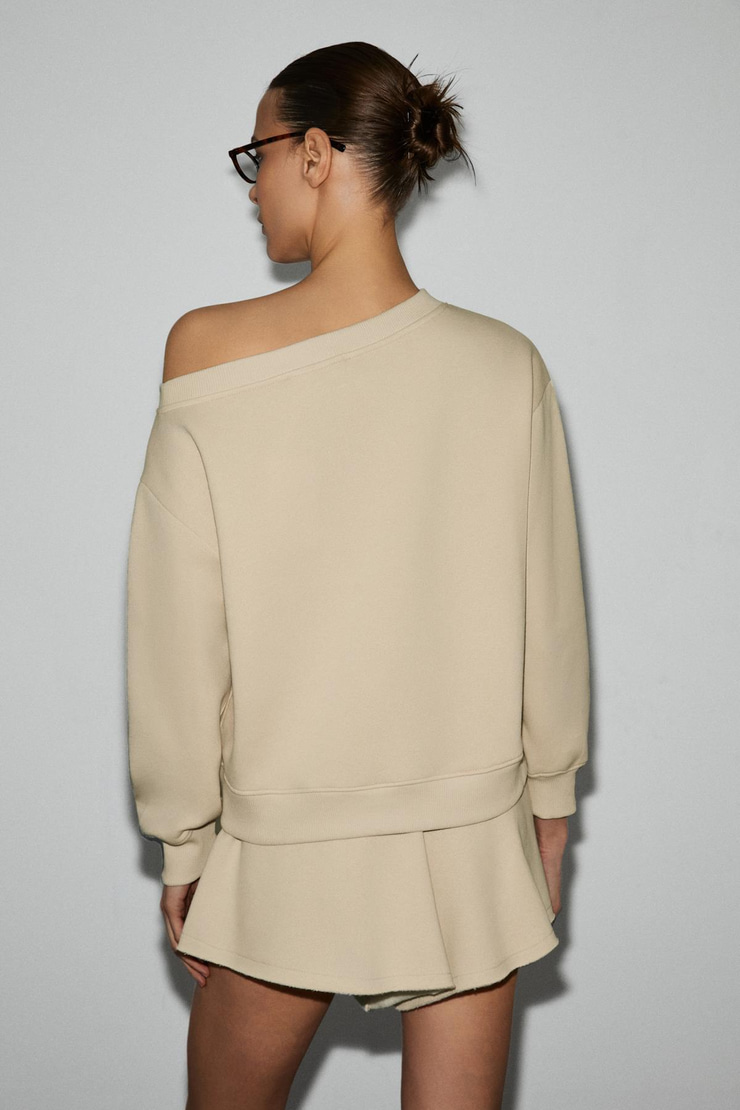 PUNNUET Kadın Organik Pamuklu Kayık Yaka Beli Lastikli Çift Cepli Relaxed Bej Alt-Üst Takım