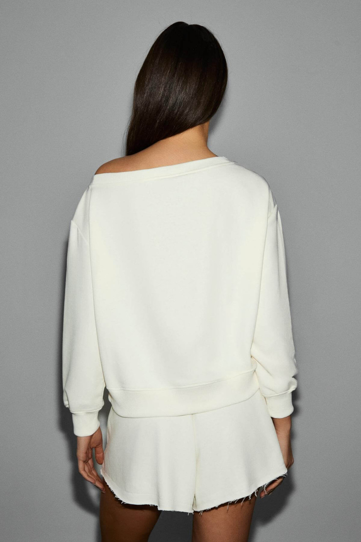 PUNNUET Kadın Organik Pamuklu Kayık Yaka Beli Lastikli Çift Cepli Relaxed Ekru Alt-Üst Takım