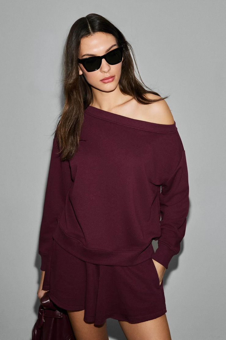 PUNNUET Kadın Organik Pamuklu Kayık Yaka Beli Lastikli Çift Cepli Relaxed Bordo Alt-Üst Takım