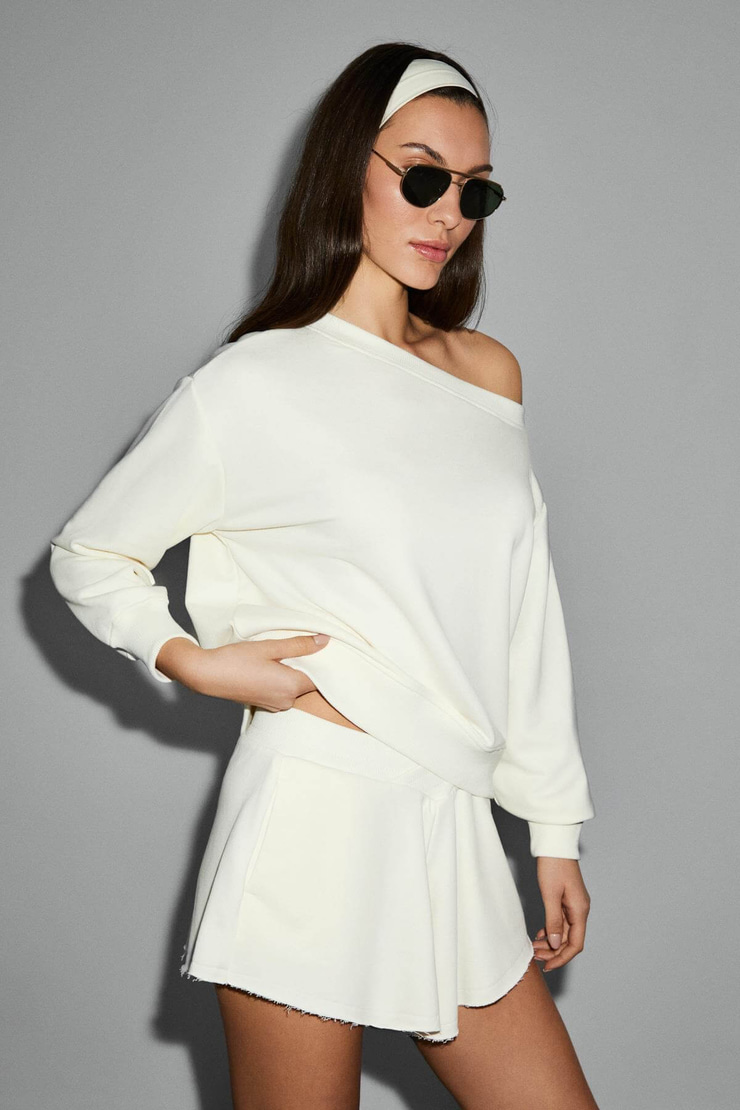 PUNNUET Kadın Organik Pamuklu Kayık Yaka Beli Lastikli Çift Cepli Relaxed Ekru Alt-Üst Takım