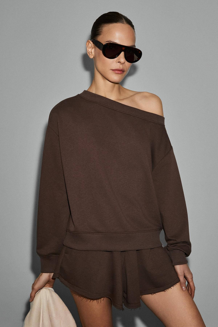 PUNNUET Kadın Organik Pamuklu Kayık Yaka Beli Lastikli Çift Cepli Relaxed Acı Kahve Alt-Üst Takım