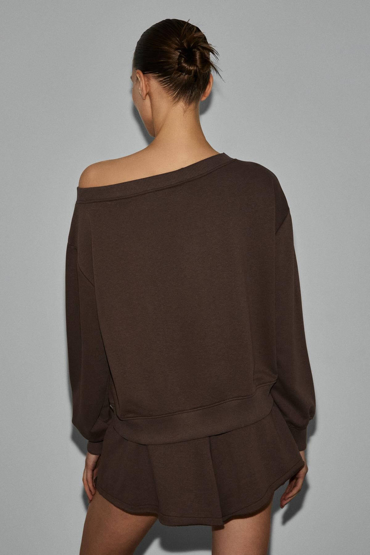 PUNNUET Kadın Organik Pamuklu Kayık Yaka Beli Lastikli Çift Cepli Relaxed Acı Kahve Alt-Üst Takım