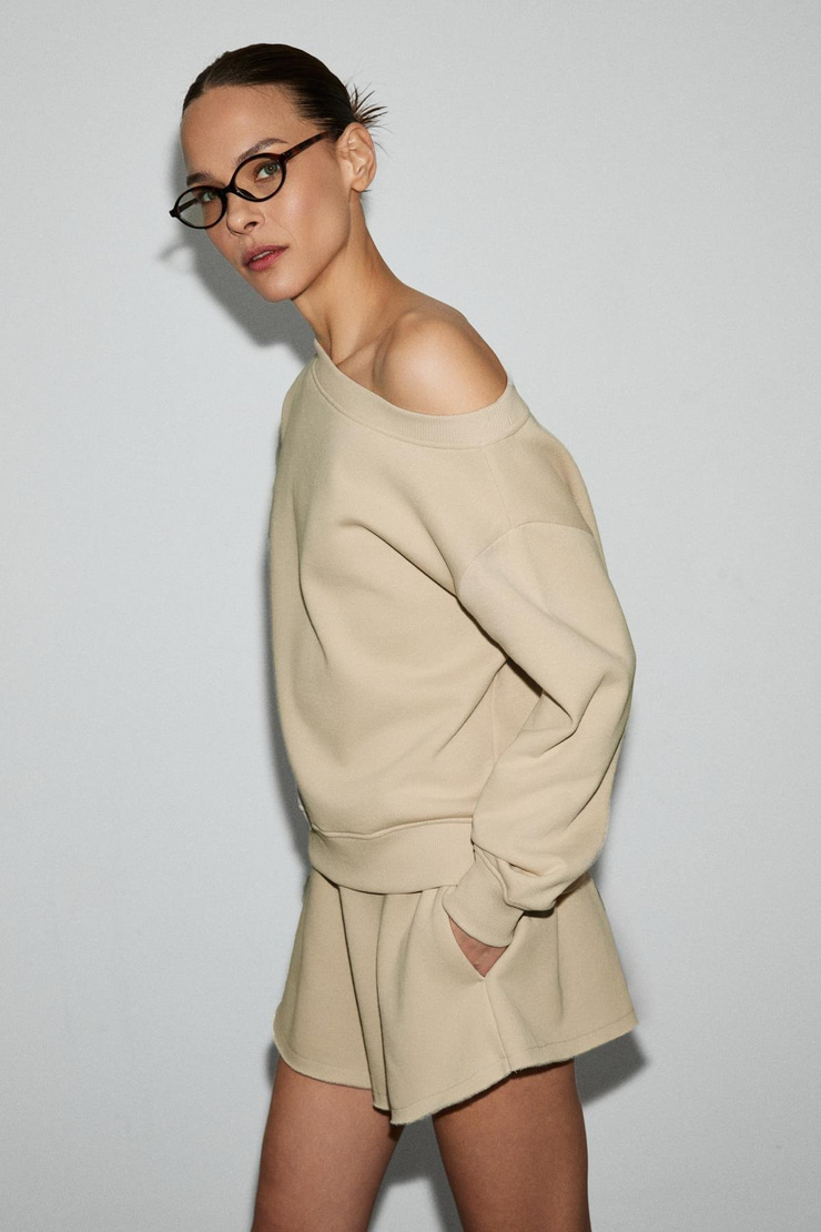 PUNNUET Kadın Organik Pamuklu Kayık Yaka Beli Lastikli Çift Cepli Relaxed Bej Alt-Üst Takım