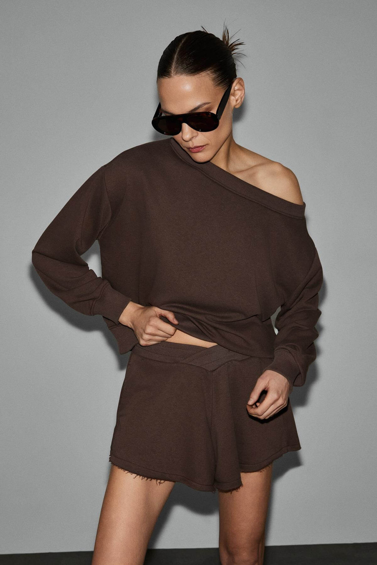 PUNNUET Kadın Organik Pamuklu Kayık Yaka Beli Lastikli Çift Cepli Relaxed Acı Kahve Alt-Üst Takım