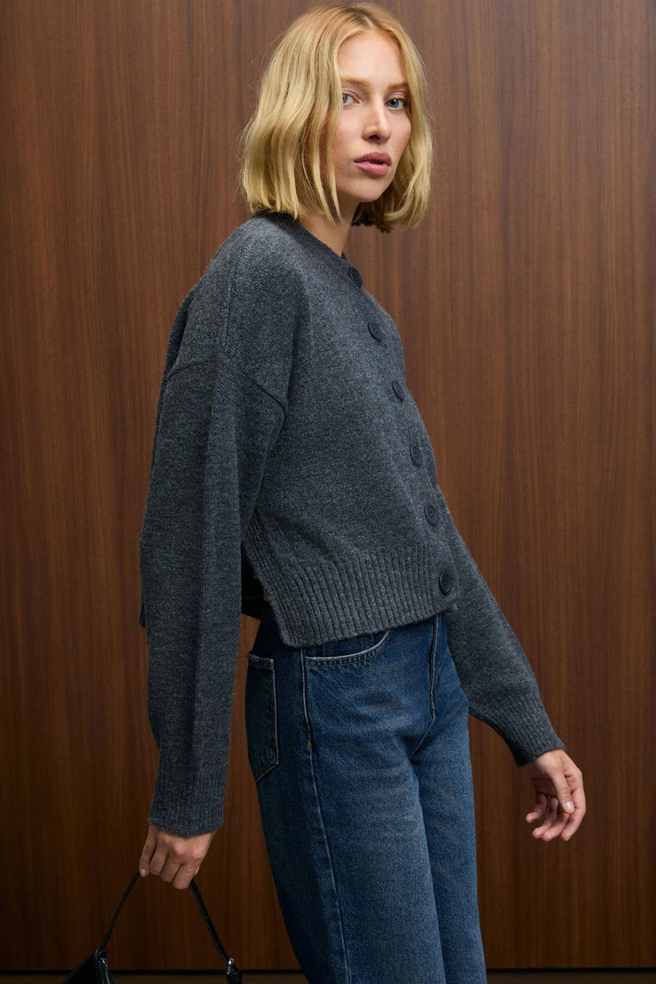 PUREZA Kadın Yuvarlak Yakalı Uzun Kollu Düğmeli Yumuşak Dokulu Regular Fit Triko Antrasit Kazak