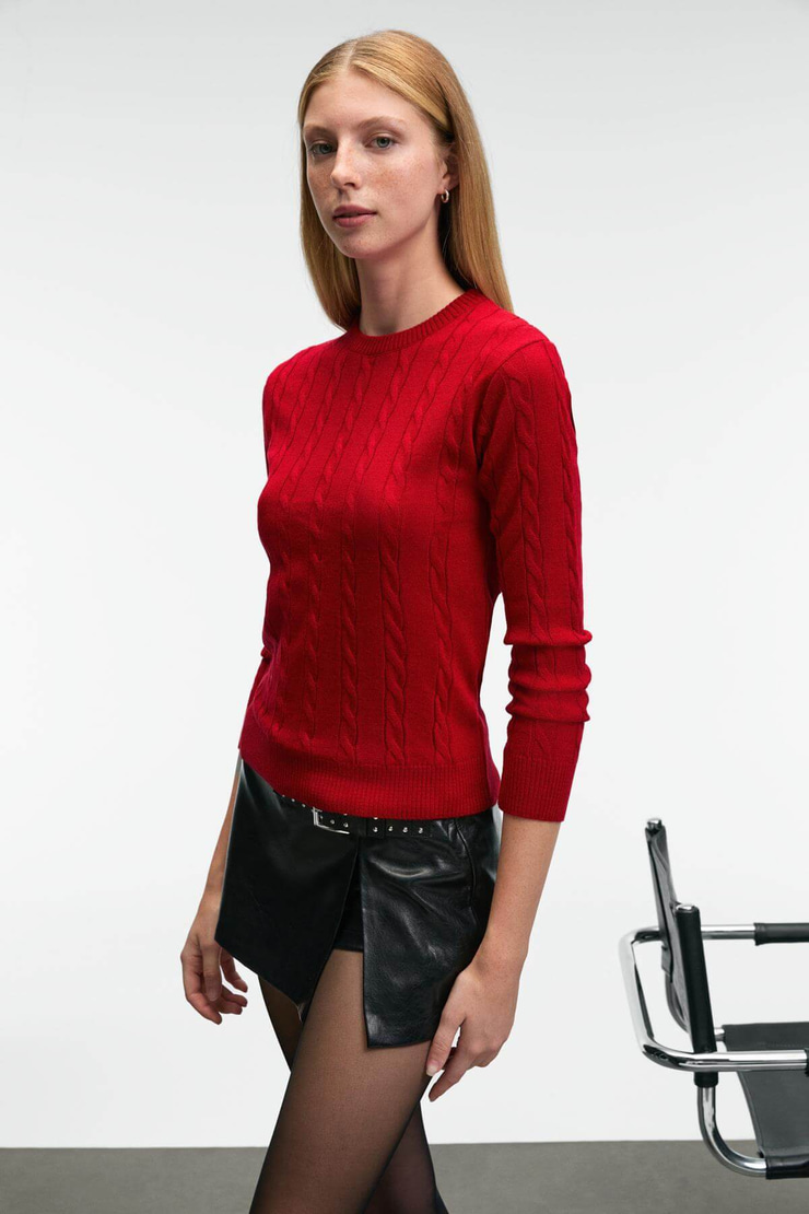 QUERIDA Kadın Yuvarlak Yaka Saç Örgülü Regular Fit Triko Kırmızı Kazak