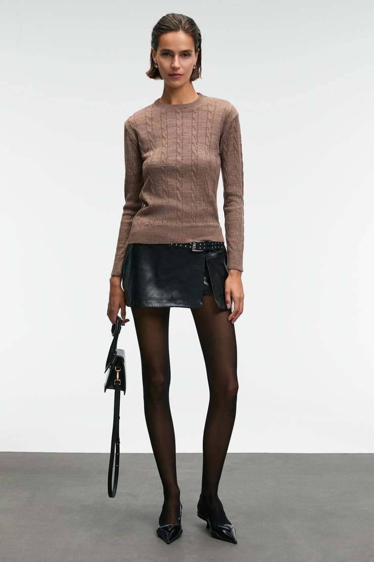 QUERIDA Kadın Yuvarlak Yaka Saç Örgülü Regular Fit Triko Kahverengi Kazak