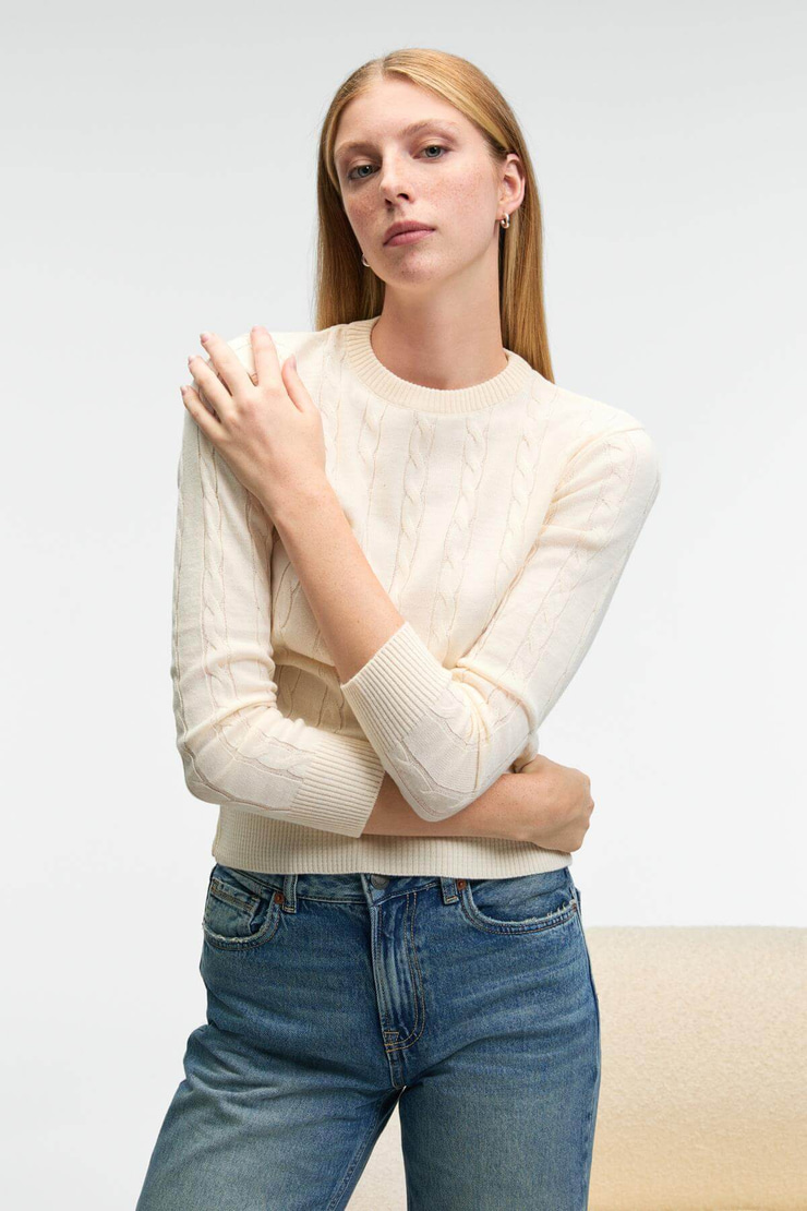 QUERIDA Kadın Yuvarlak Yaka Saç Örgülü Regular Fit Triko Ekru Kazak