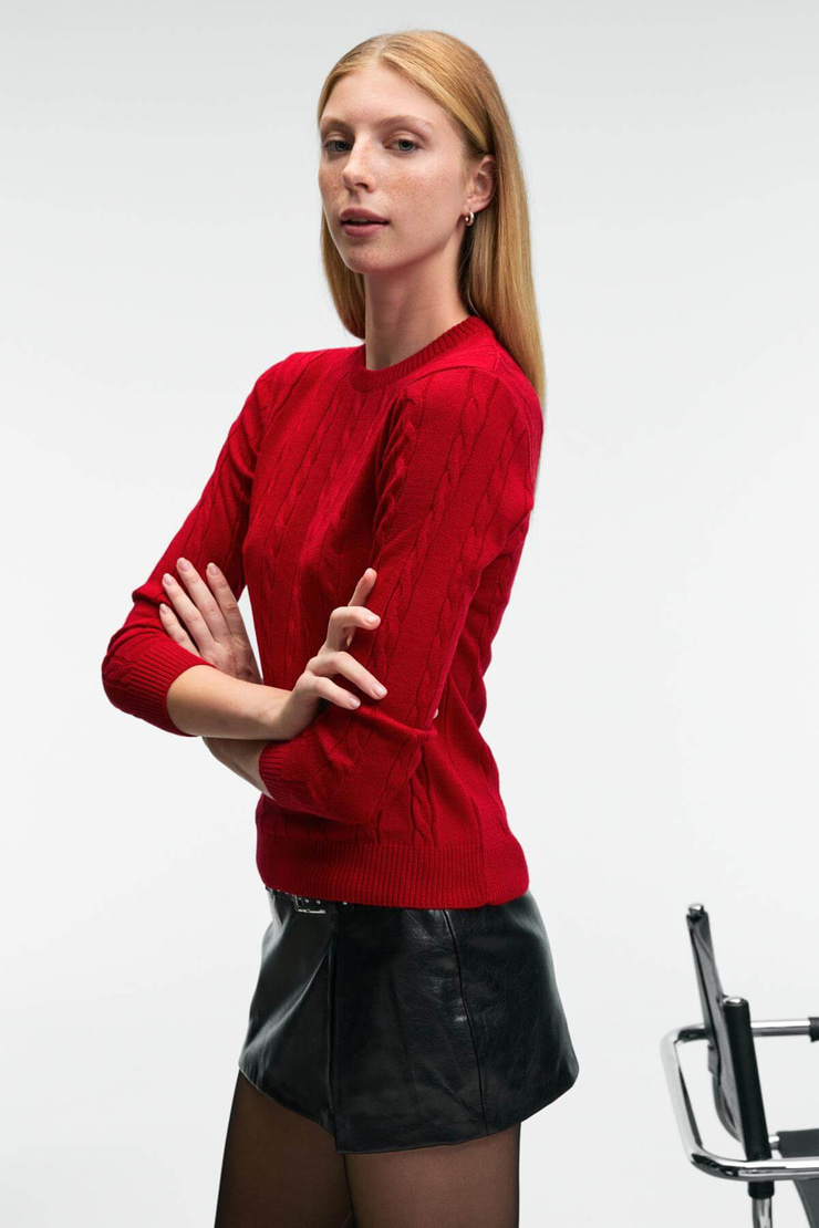 QUERIDA Kadın Yuvarlak Yaka Saç Örgülü Regular Fit Triko Kırmızı Kazak