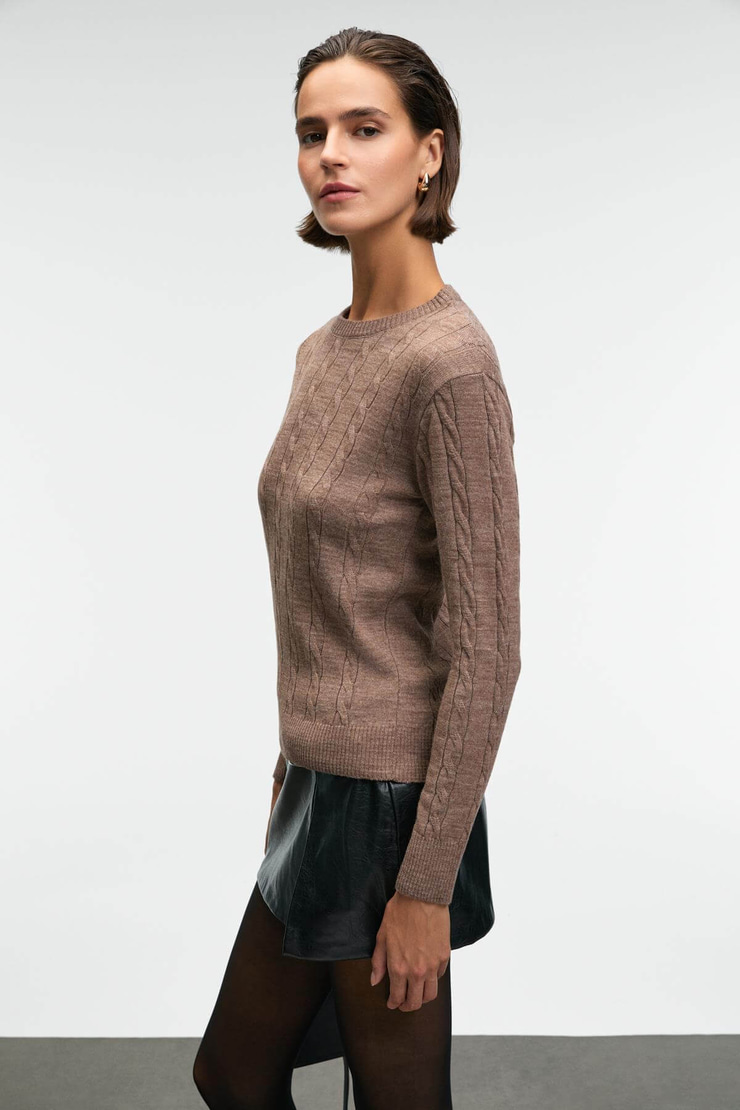 QUERIDA Kadın Yuvarlak Yaka Saç Örgülü Regular Fit Triko Kahverengi Kazak
