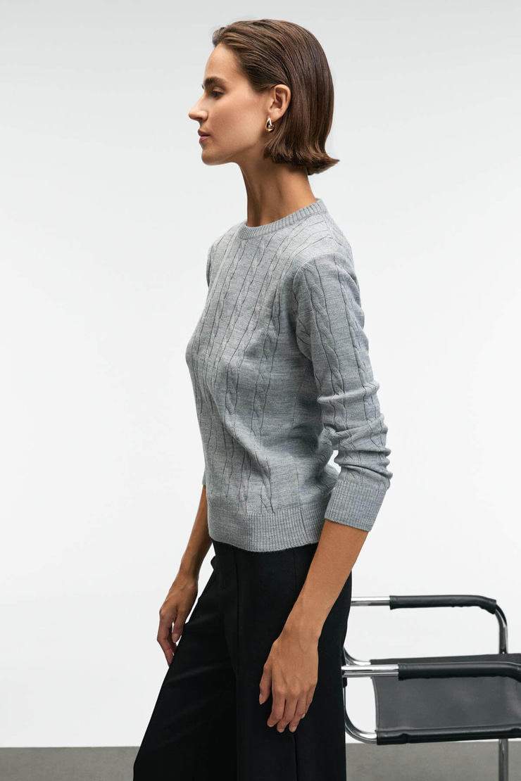 QUERIDA Kadın Yuvarlak Yaka Saç Örgülü Regular Fit Triko Grimelanj Kazak