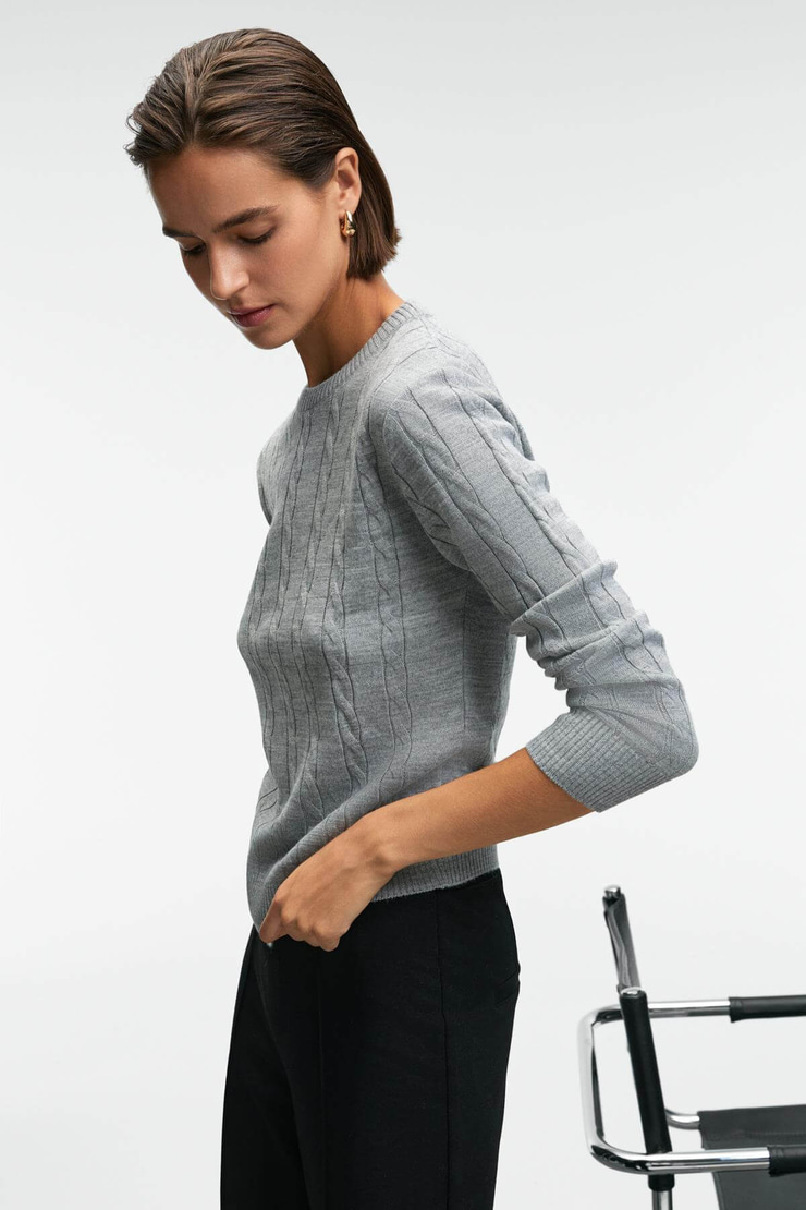 QUERIDA Kadın Yuvarlak Yaka Saç Örgülü Regular Fit Triko Grimelanj Kazak