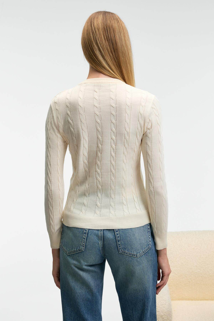 QUERIDA Kadın Yuvarlak Yaka Saç Örgülü Regular Fit Triko Ekru Kazak