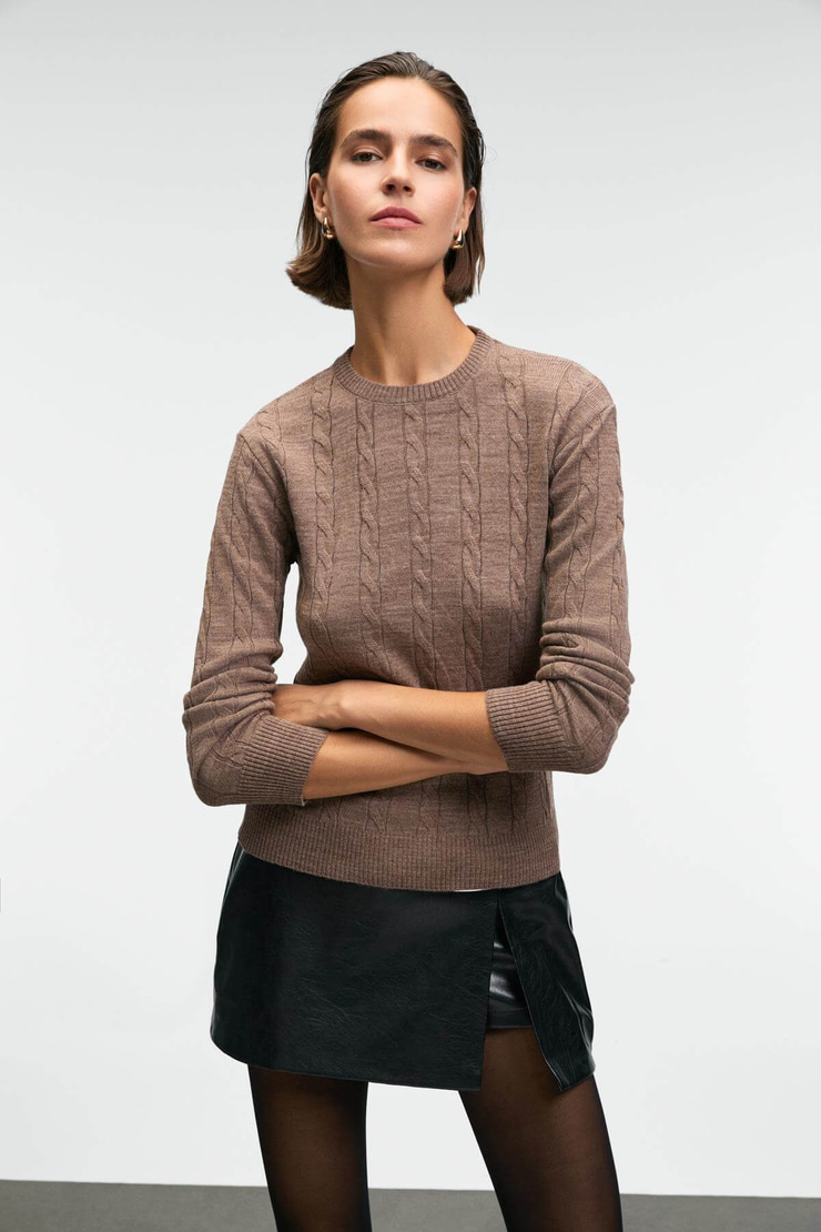 QUERIDA Kadın Yuvarlak Yaka Saç Örgülü Regular Fit Triko Kahverengi Kazak