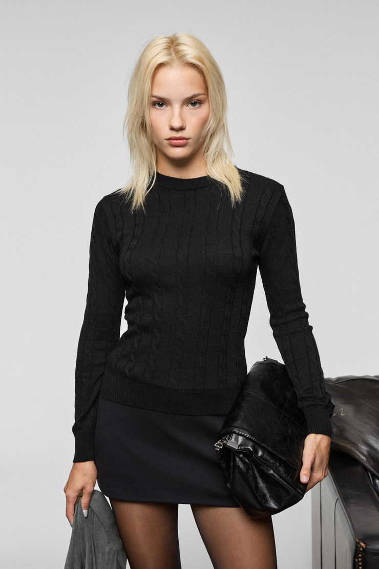 QUERIDA Kadın Yuvarlak Yaka Saç Örgülü Regular Fit Triko Siyah Kazak