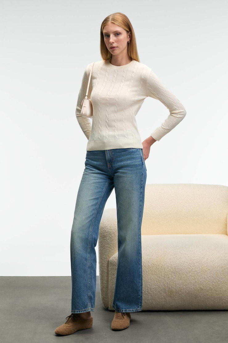 QUERIDA Kadın Yuvarlak Yaka Saç Örgülü Regular Fit Triko Ekru Kazak