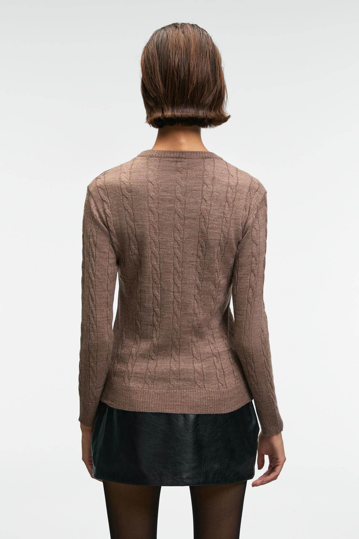 QUERIDA Kadın Yuvarlak Yaka Saç Örgülü Regular Fit Triko Kahverengi Kazak