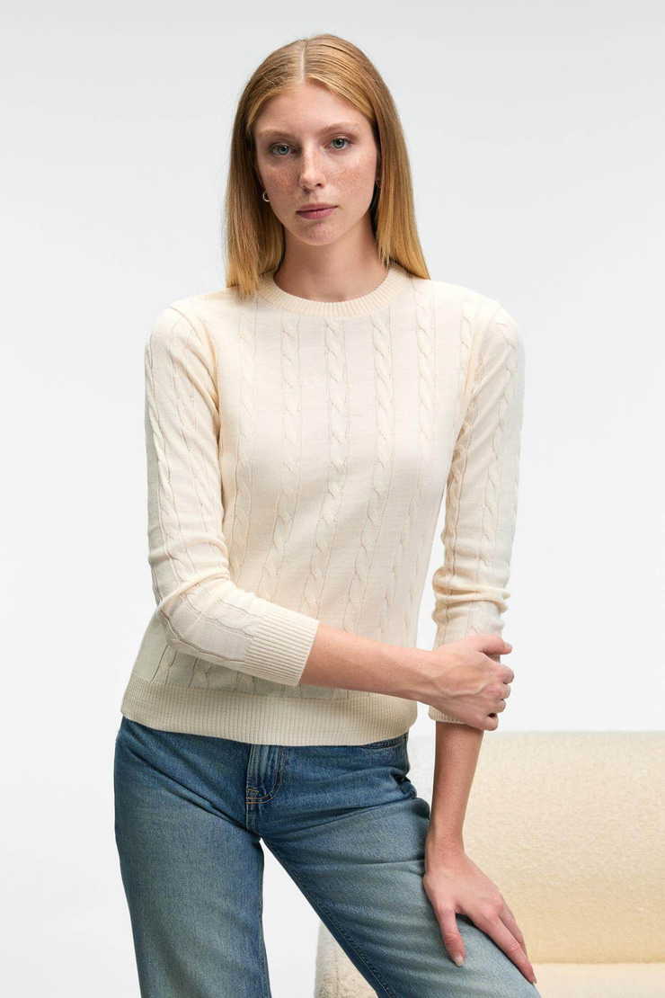 QUERIDA Kadın Yuvarlak Yaka Saç Örgülü Regular Fit Triko Ekru Kazak