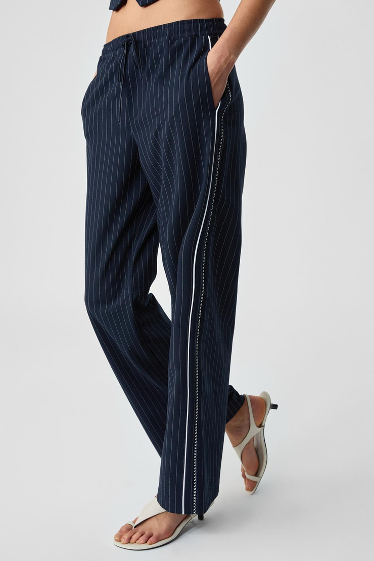 RAFUNSE Kadın Oversize Fermuarlı Çizgili Yüksek Bel Lacivert Pantolon