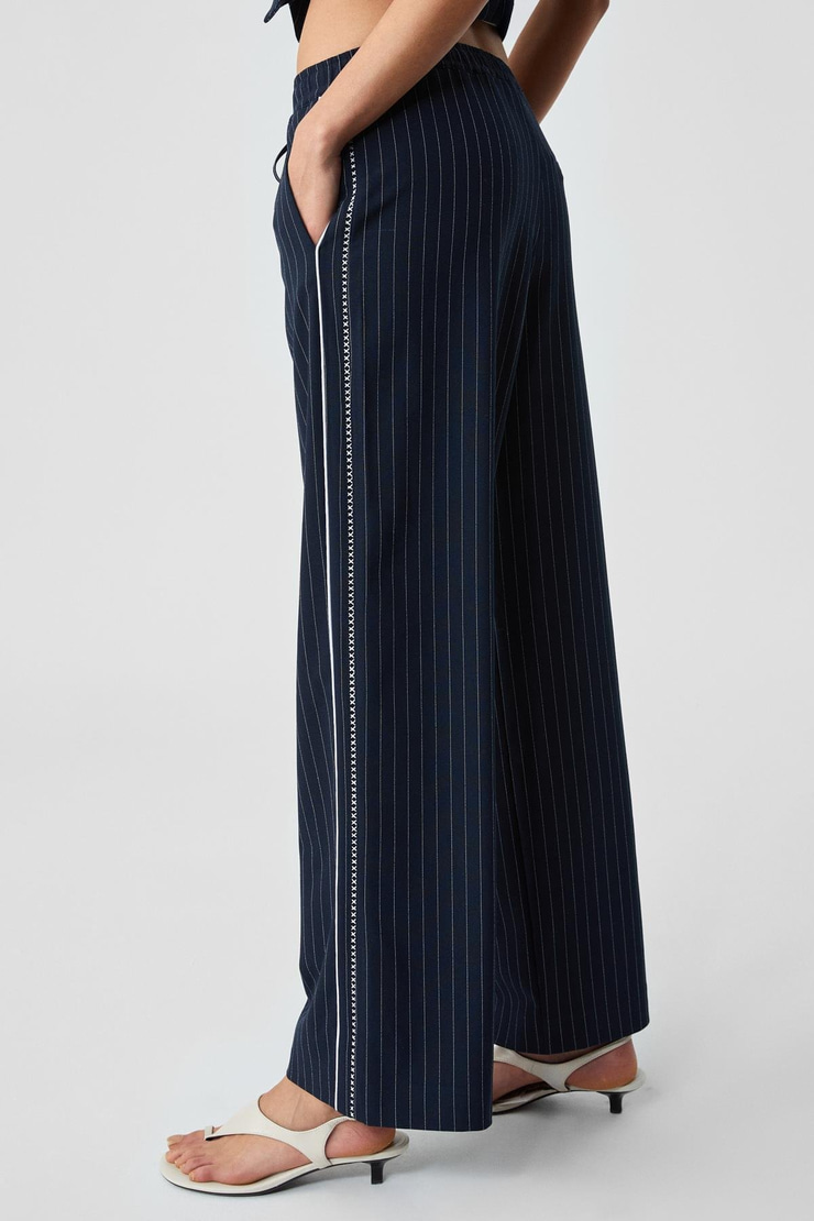RAFUNSE Kadın Oversize Fermuarlı Çizgili Yüksek Bel Lacivert Pantolon