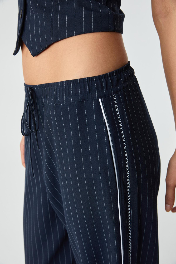 RAFUNSE Kadın Oversize Fermuarlı Çizgili Yüksek Bel Lacivert Pantolon