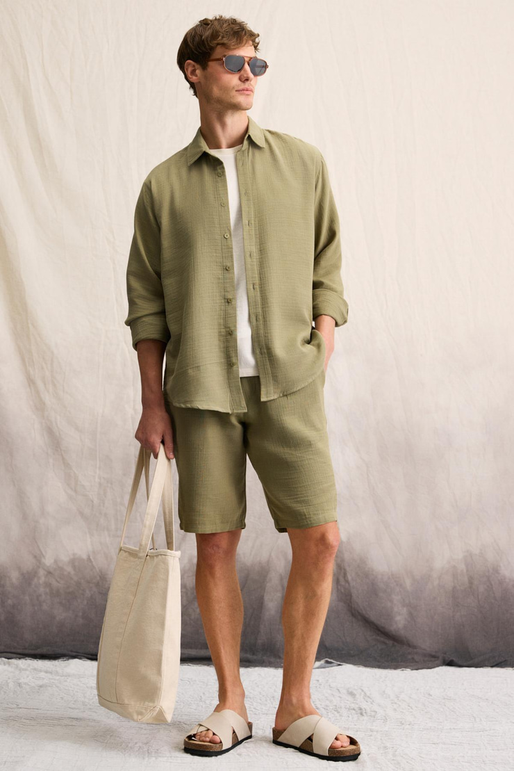 RAIMO Erkek %100 Pamuklu Manşetli Uzun Kol Comfort Fit Haki Gömlek