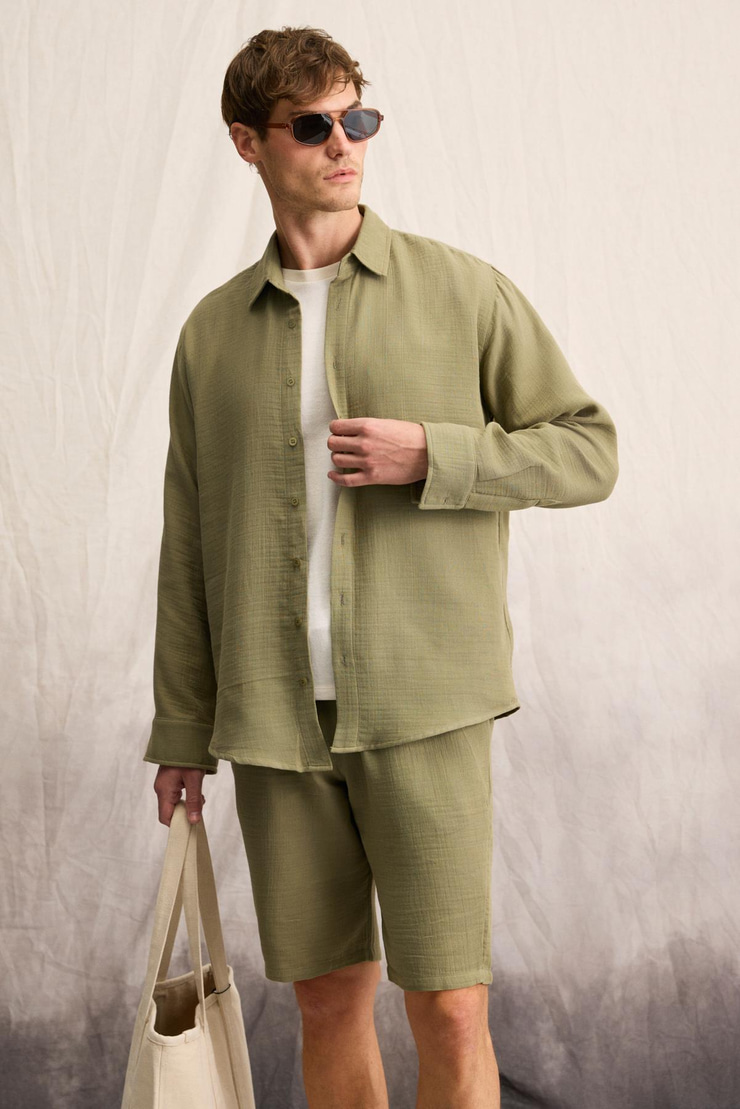 RAIMO Erkek %100 Pamuklu Manşetli Uzun Kol Comfort Fit Haki Gömlek