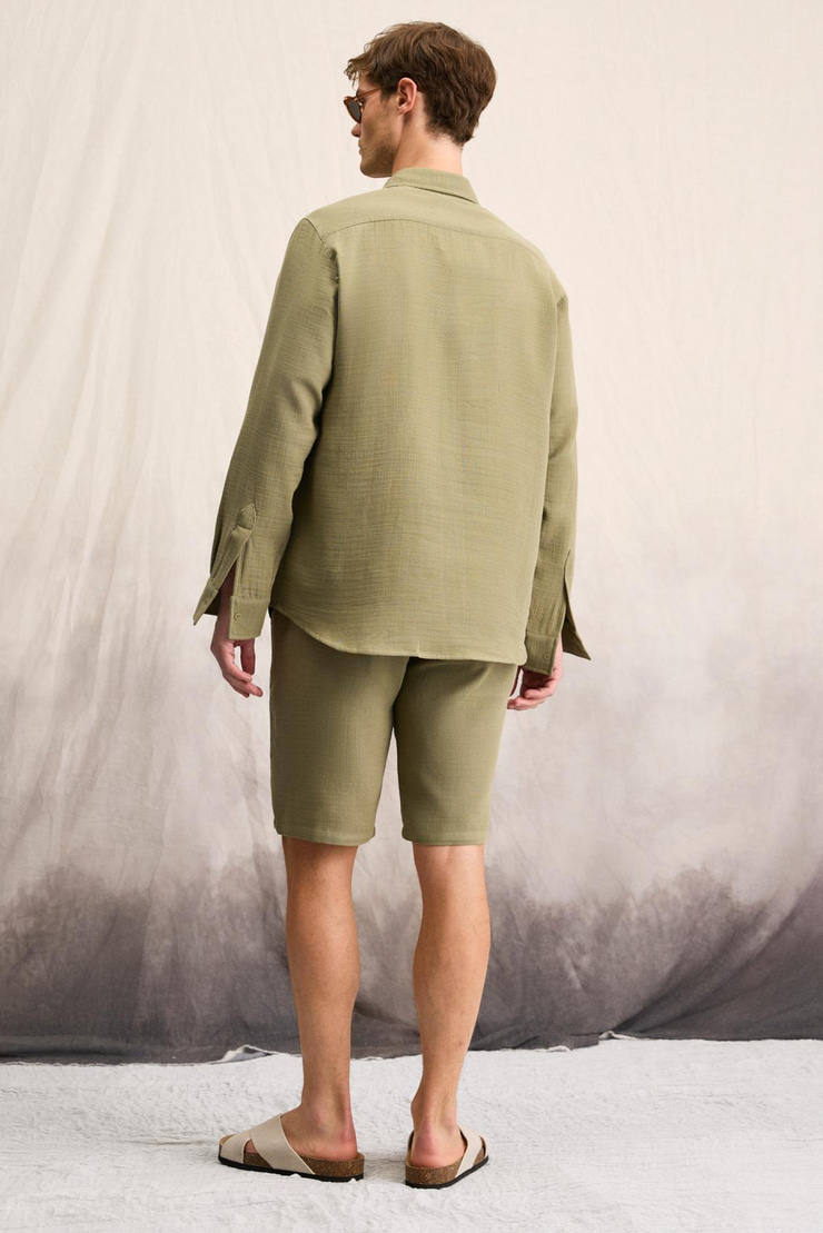 RAIMO Erkek %100 Pamuklu Manşetli Uzun Kol Comfort Fit Haki Gömlek