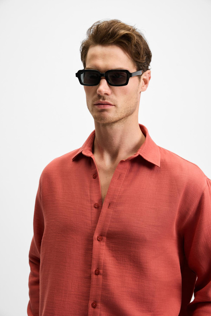 RAIMO Erkek %100 Pamuklu Manşetli Uzun Kol Comfort Fit Kiremit Rengi Gömlek