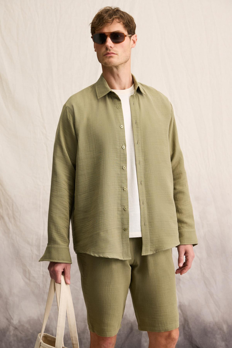 RAIMO Erkek %100 Pamuklu Manşetli Uzun Kol Comfort Fit Haki Gömlek