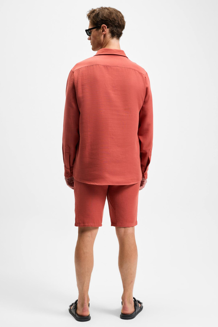 RAIMO Erkek %100 Pamuklu Manşetli Uzun Kol Comfort Fit Kiremit Rengi Gömlek